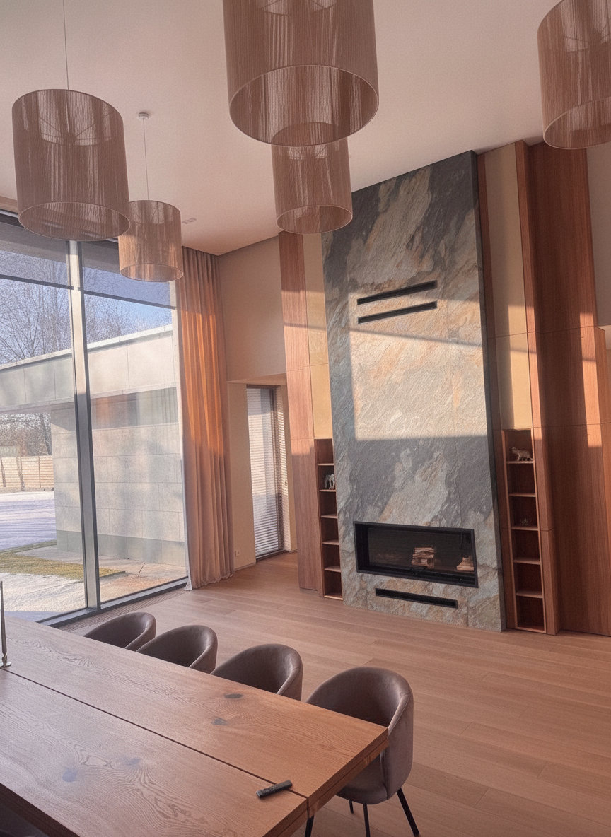 Wohnzimmer mit Marmor-TV-Wand