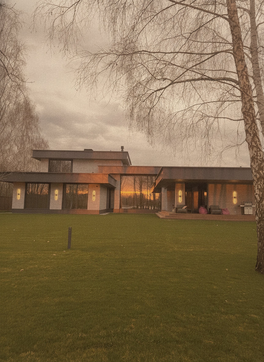 Wohnhaus im Grünen, Außenansicht bei Dämmerung